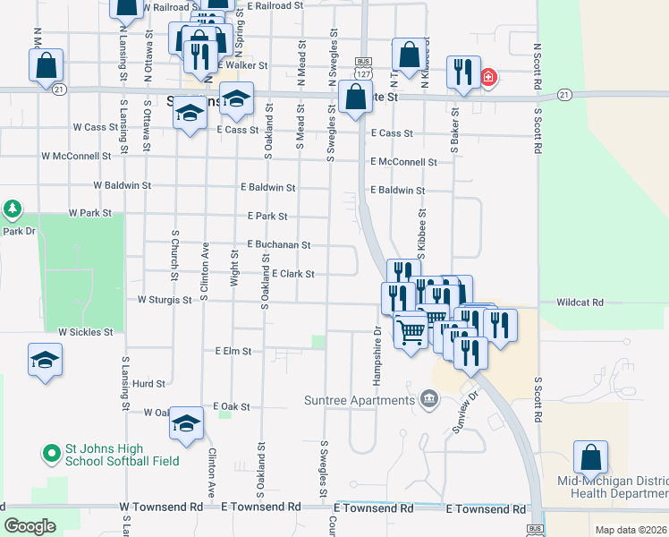 map of restaurants, bars, coffee shops, grocery stores, and more near 505 East Buchanan Street in Saint Johns