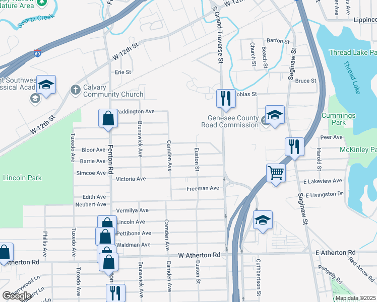 map of restaurants, bars, coffee shops, grocery stores, and more near 718 Barrie Avenue in Flint