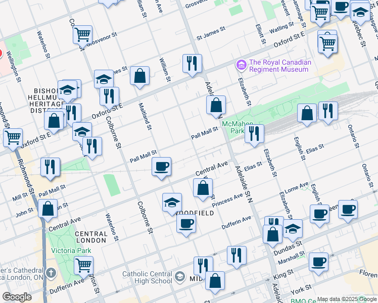 map of restaurants, bars, coffee shops, grocery stores, and more near 645 William Street in London