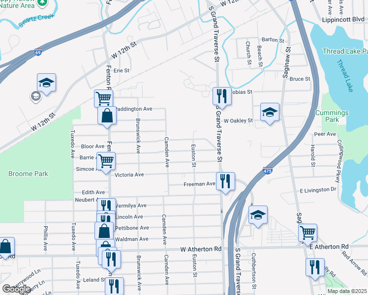map of restaurants, bars, coffee shops, grocery stores, and more near 725 Bloor Avenue in Flint