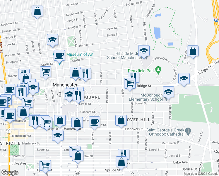map of restaurants, bars, coffee shops, grocery stores, and more near 111 Arlington Street in Manchester