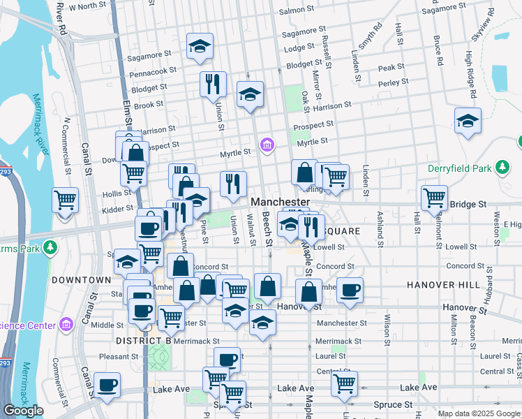 map of restaurants, bars, coffee shops, grocery stores, and more near in Manchester