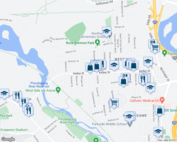 map of restaurants, bars, coffee shops, grocery stores, and more near 148 Boutwell Street in Manchester