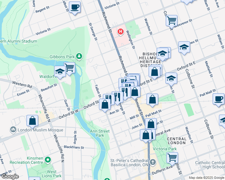 map of restaurants, bars, coffee shops, grocery stores, and more near 154 Sydenham Street in London