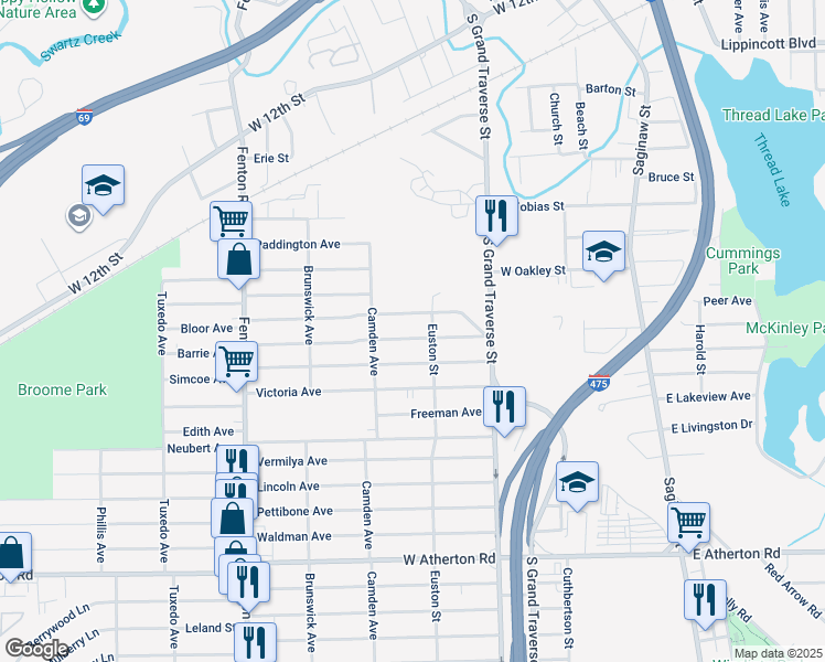 map of restaurants, bars, coffee shops, grocery stores, and more near 725 Bloor Avenue in Flint