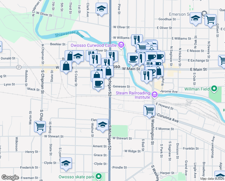 map of restaurants, bars, coffee shops, grocery stores, and more near 220 South Shiawassee Street in Owosso