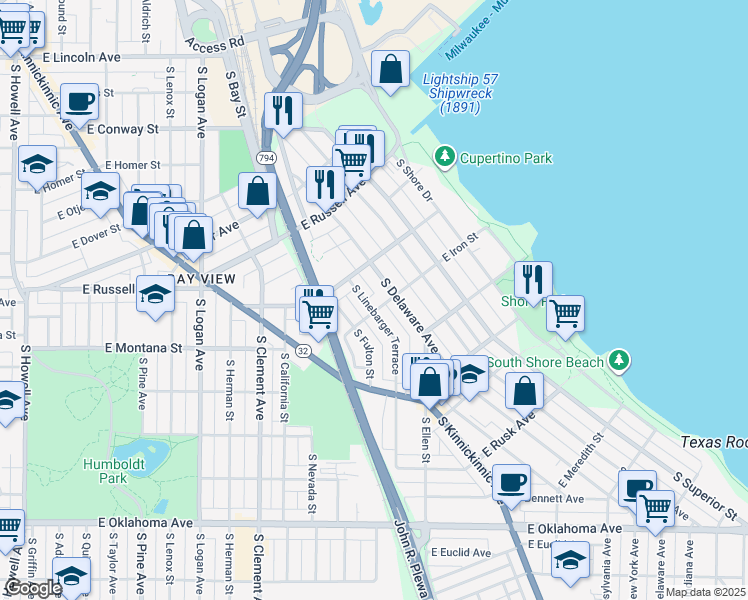 map of restaurants, bars, coffee shops, grocery stores, and more near 2615 South Delaware Avenue in Milwaukee