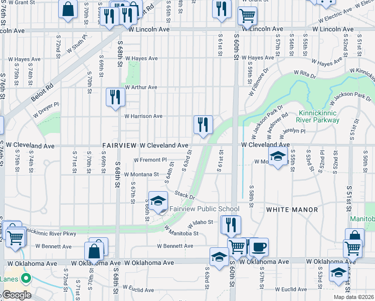 map of restaurants, bars, coffee shops, grocery stores, and more near 6300 West Cleveland Avenue in Milwaukee