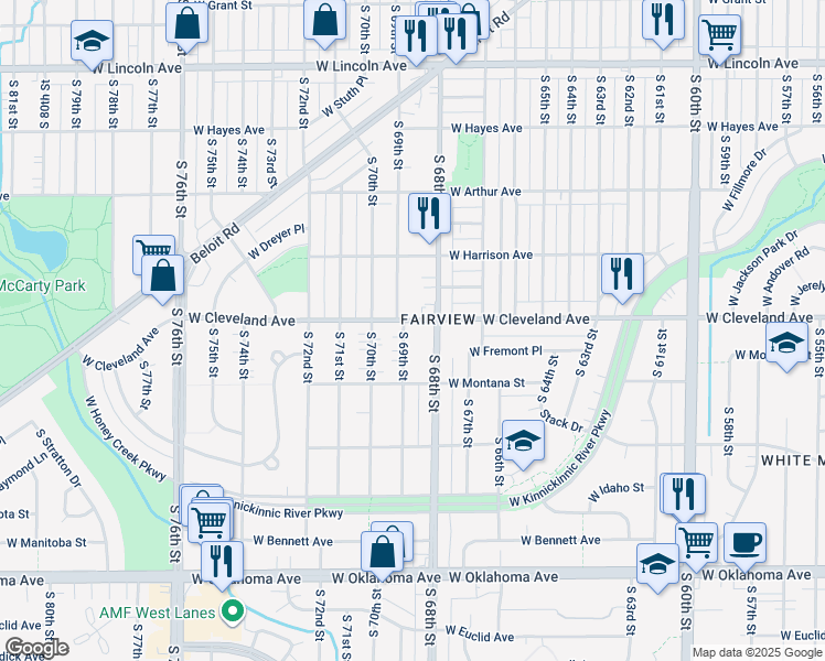 map of restaurants, bars, coffee shops, grocery stores, and more near 2662 South 69th Street in Milwaukee