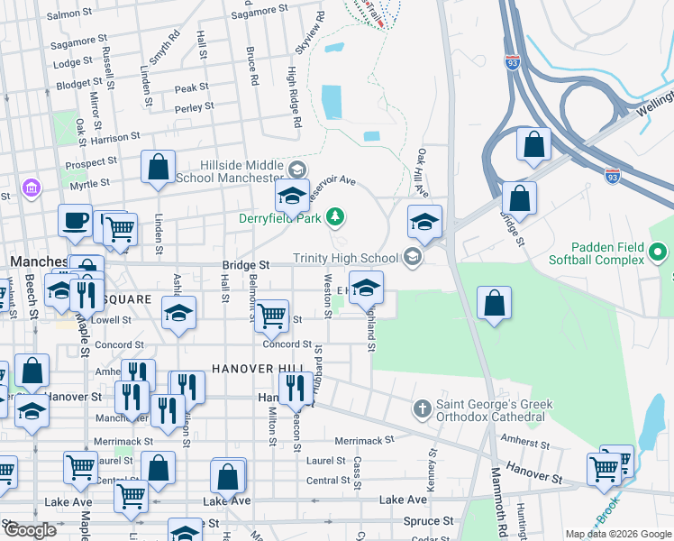 map of restaurants, bars, coffee shops, grocery stores, and more near 500 Bridge Street in Manchester