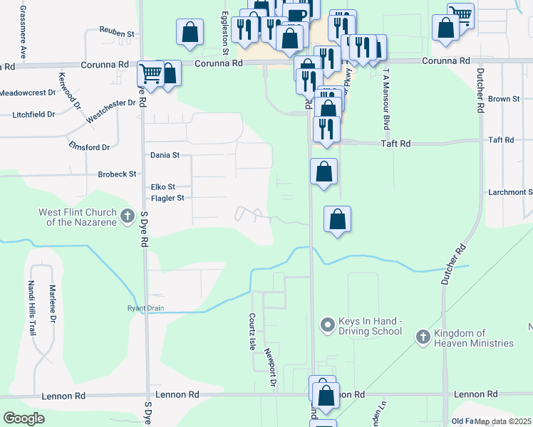 map of restaurants, bars, coffee shops, grocery stores, and more near 2521 White Oak Place in Flint