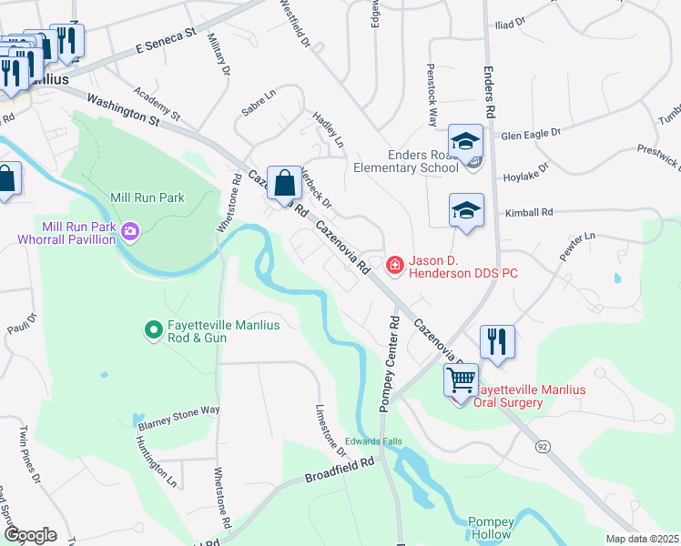 map of restaurants, bars, coffee shops, grocery stores, and more near 102 Suburban Park Drive in Manlius