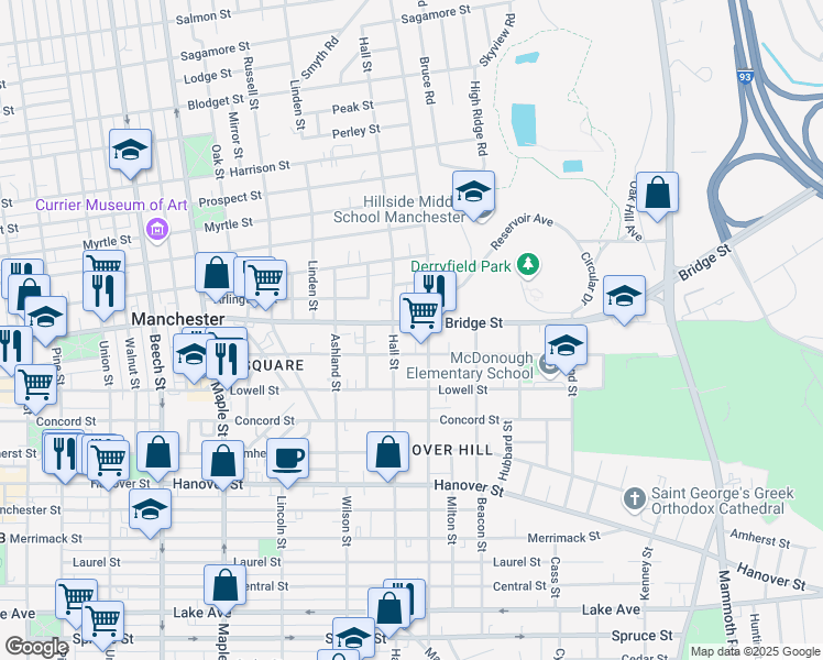 map of restaurants, bars, coffee shops, grocery stores, and more near 373 Bridge Street in Manchester