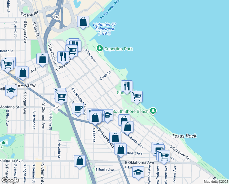 map of restaurants, bars, coffee shops, grocery stores, and more near 2739 South Shore Drive in Milwaukee