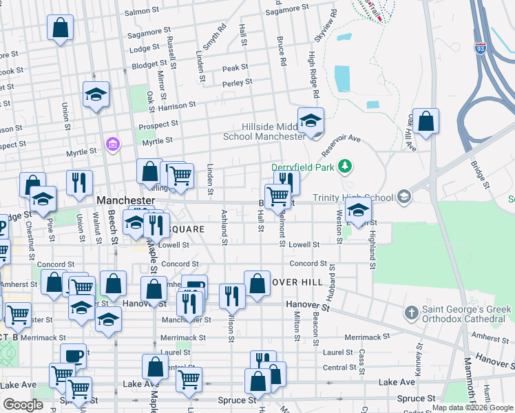 map of restaurants, bars, coffee shops, grocery stores, and more near 684 Hall Street in Manchester