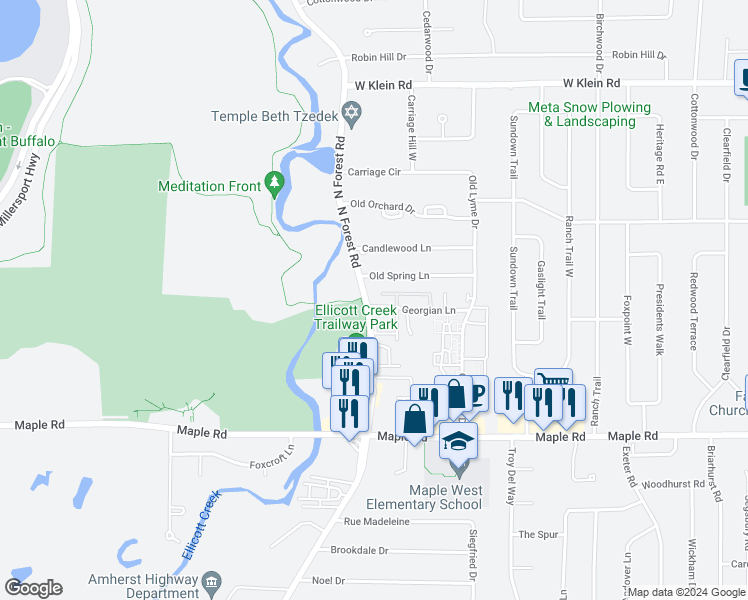 map of restaurants, bars, coffee shops, grocery stores, and more near 4 Georgian Lane in Buffalo