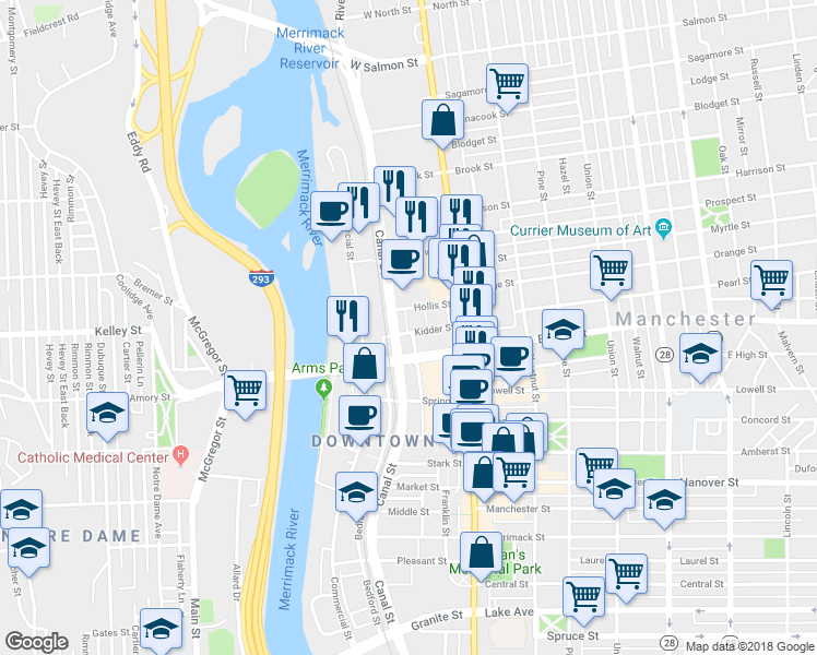 map of restaurants, bars, coffee shops, grocery stores, and more near 113 Kidder Street in Manchester