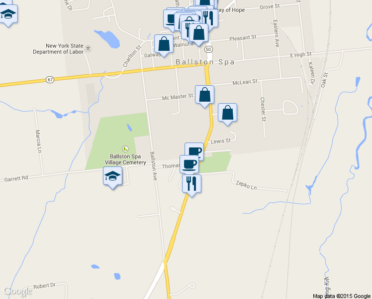 map of restaurants, bars, coffee shops, grocery stores, and more near 16 Rosewood Court in Ballston Spa