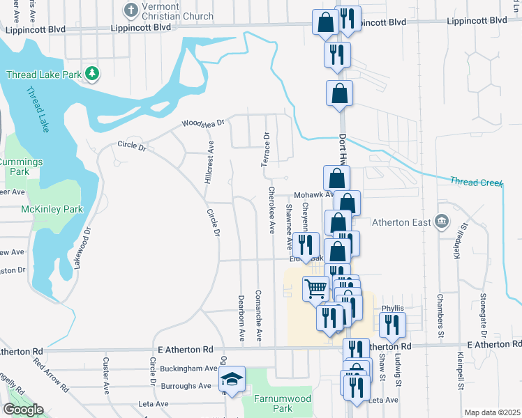 map of restaurants, bars, coffee shops, grocery stores, and more near 2829 Comanche Avenue in Flint