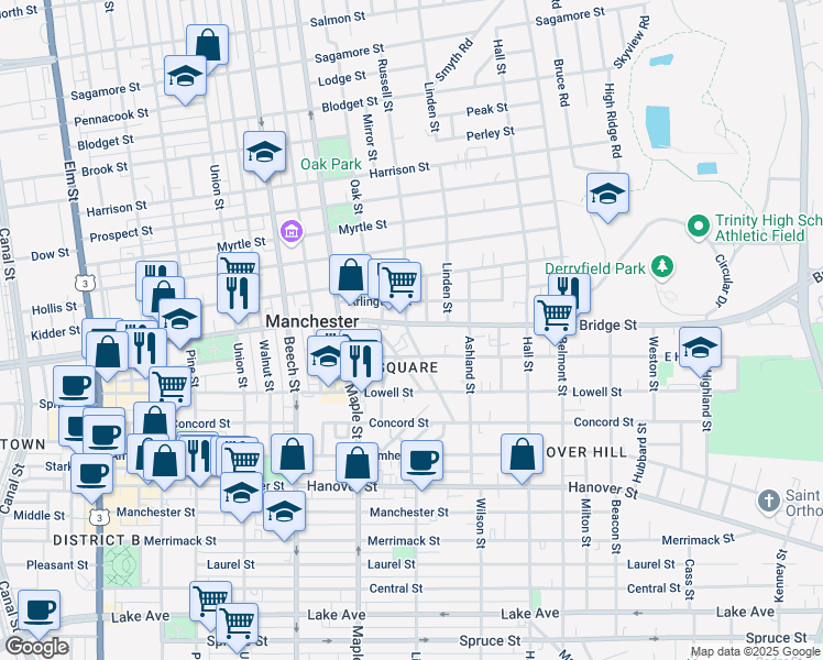 map of restaurants, bars, coffee shops, grocery stores, and more near 53 Arlington Street in Manchester