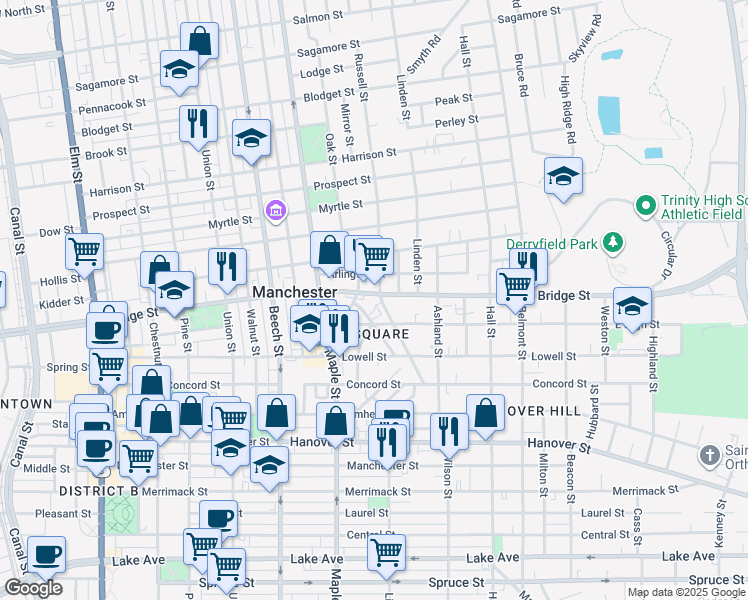 map of restaurants, bars, coffee shops, grocery stores, and more near 53 Arlington Street in Manchester
