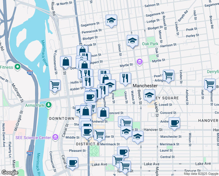 map of restaurants, bars, coffee shops, grocery stores, and more near 114 Pearl Street in Manchester