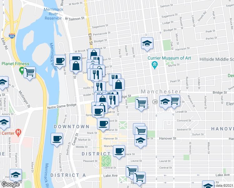 map of restaurants, bars, coffee shops, grocery stores, and more near 530 Chestnut Street in Manchester