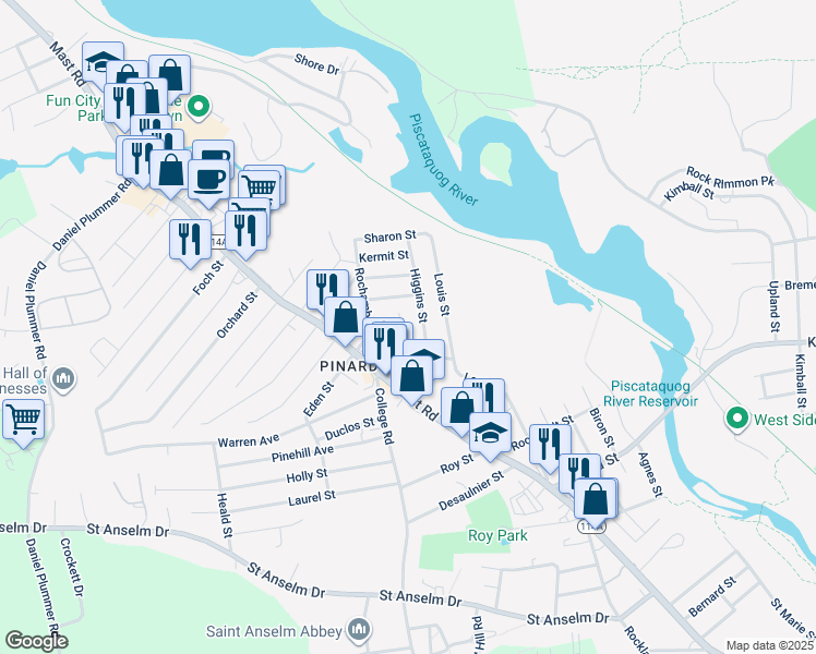 map of restaurants, bars, coffee shops, grocery stores, and more near 11 Plummer Street in Goffstown