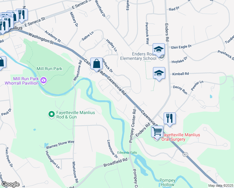 map of restaurants, bars, coffee shops, grocery stores, and more near 102 Suburban Park Drive in Manlius