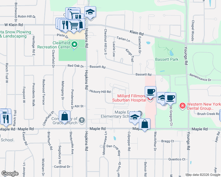 map of restaurants, bars, coffee shops, grocery stores, and more near 207 Oakbrook Drive in Buffalo