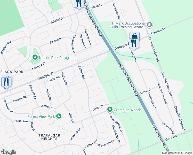 map of restaurants, bars, coffee shops, grocery stores, and more near 78 Sunrise Crescent in London