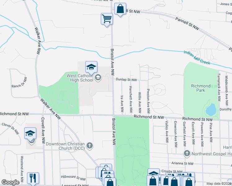map of restaurants, bars, coffee shops, grocery stores, and more near 1733 Ira Avenue Northwest in Grand Rapids