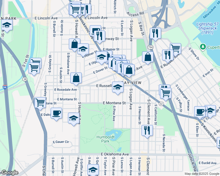 map of restaurants, bars, coffee shops, grocery stores, and more near 708 East Russell Avenue in Milwaukee