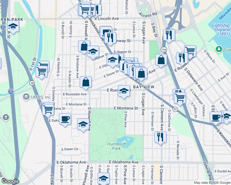 map of restaurants, bars, coffee shops, grocery stores, and more near 708 East Russell Avenue in Milwaukee