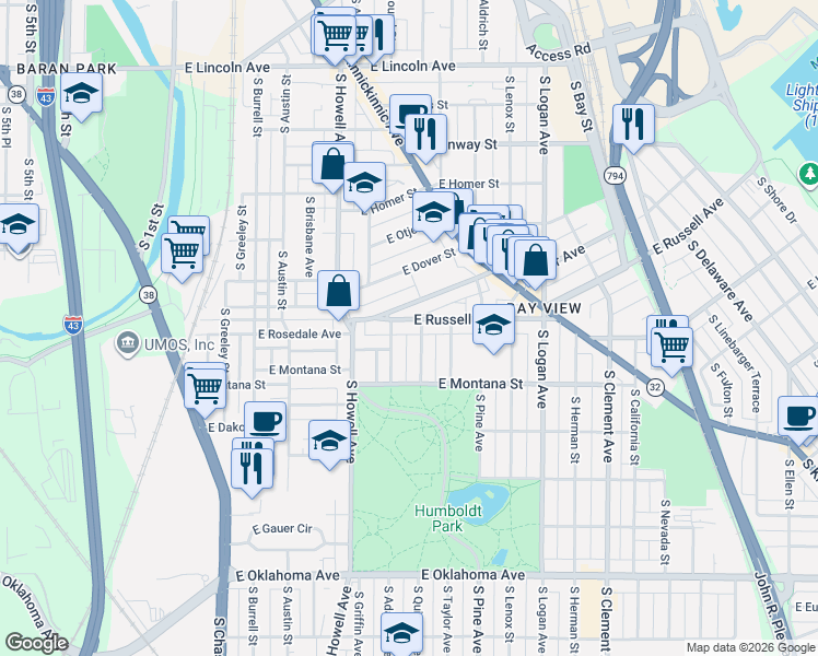 map of restaurants, bars, coffee shops, grocery stores, and more near 549 East Potter Avenue in Milwaukee