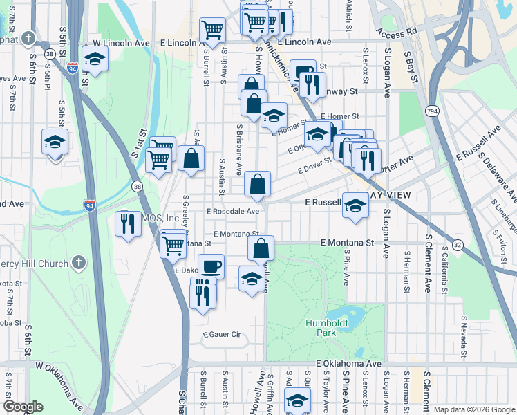 map of restaurants, bars, coffee shops, grocery stores, and more near 2632 South Howell Avenue in Milwaukee