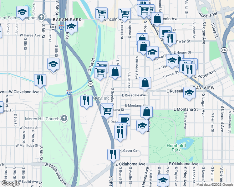 map of restaurants, bars, coffee shops, grocery stores, and more near 2650 South Greeley Street in Milwaukee
