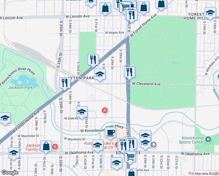 map of restaurants, bars, coffee shops, grocery stores, and more near 2675 South 29th Street in Milwaukee