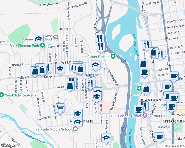 map of restaurants, bars, coffee shops, grocery stores, and more near 91 Kelley Street in Manchester