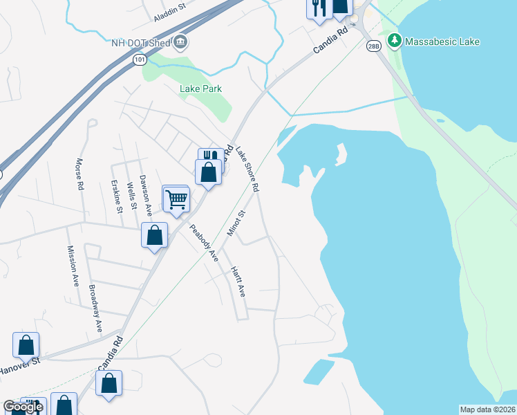 map of restaurants, bars, coffee shops, grocery stores, and more near 1992 Lake Shore Road in Manchester