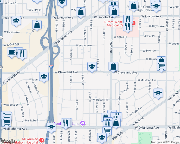 map of restaurants, bars, coffee shops, grocery stores, and more near 9501 West Cleveland Avenue in West Allis