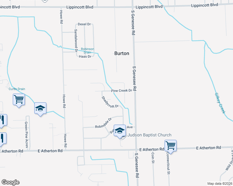 map of restaurants, bars, coffee shops, grocery stores, and more near 4448 Pine Creek Drive in Burton