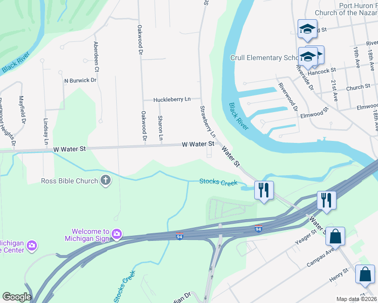 map of restaurants, bars, coffee shops, grocery stores, and more near 2605 West Water Street in Port Huron