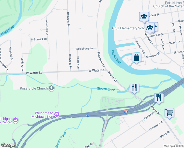 map of restaurants, bars, coffee shops, grocery stores, and more near 2605 West Water Street in Port Huron