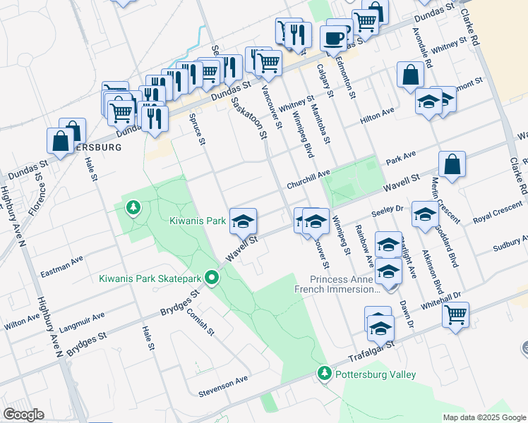 map of restaurants, bars, coffee shops, grocery stores, and more near 1634 Scott Street in London