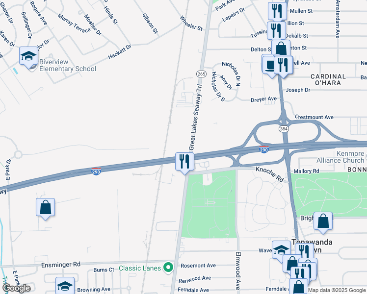 map of restaurants, bars, coffee shops, grocery stores, and more near 2200 Military Road in Tonawanda