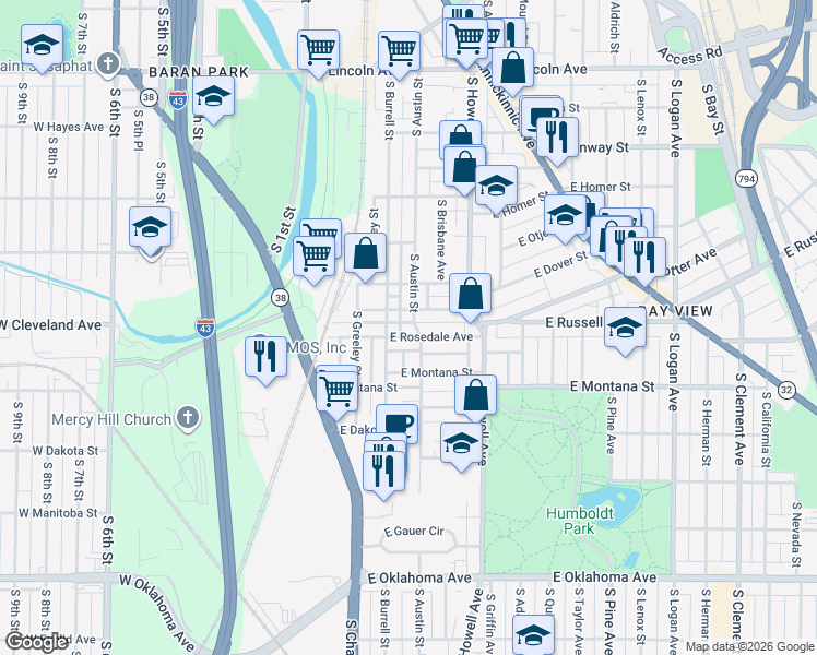 map of restaurants, bars, coffee shops, grocery stores, and more near 2629 South Austin Street in Milwaukee