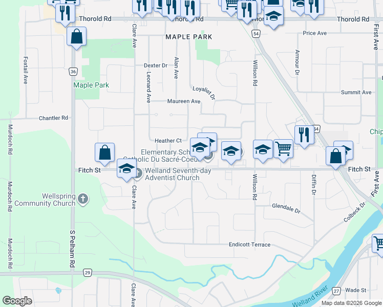 map of restaurants, bars, coffee shops, grocery stores, and more near in Welland