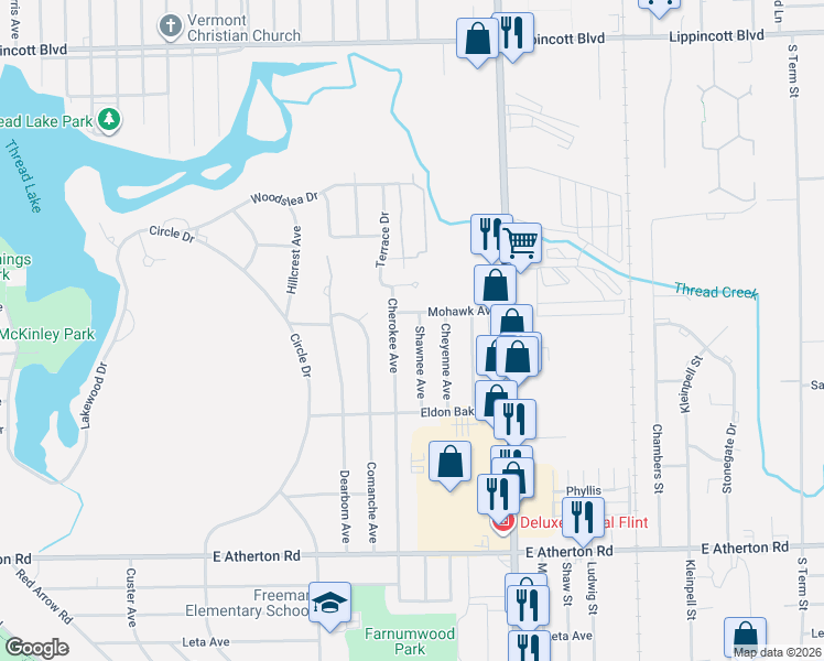 map of restaurants, bars, coffee shops, grocery stores, and more near 1001 Mohawk Avenue in Flint
