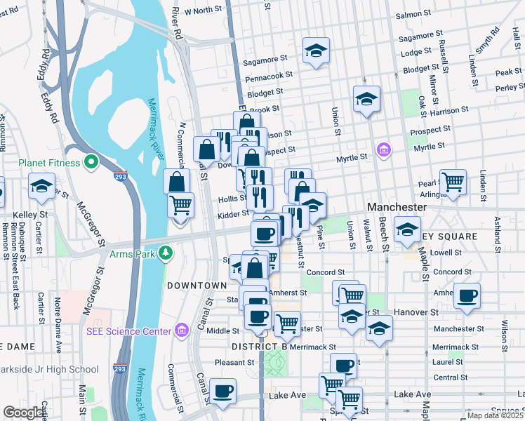 map of restaurants, bars, coffee shops, grocery stores, and more near 1243 Elm Street in Manchester